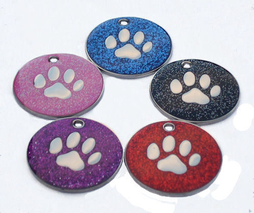 (image for) Glitter ID Pet Tag 25mm Round Paw Print Design